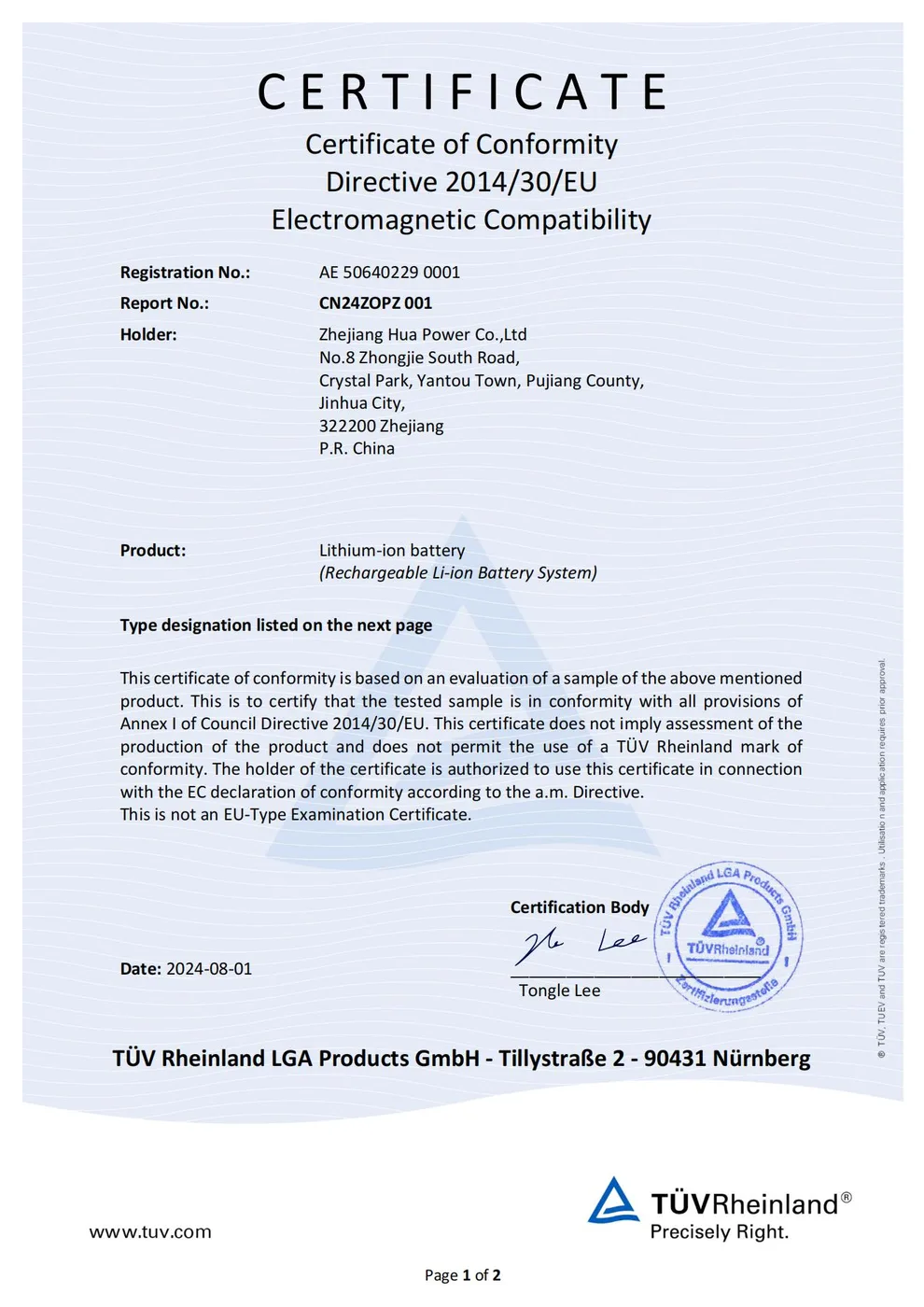 TÜV Rheinland Konformitätsbescheinigung — EMV-Richtlinie 2014/30/EU, Lithium-Ionen-Batteriesystem